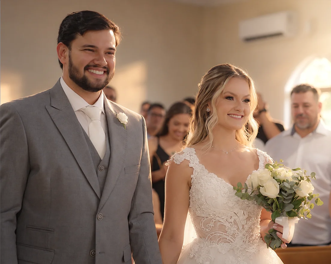 Sorriso dos noivos durante a celebração