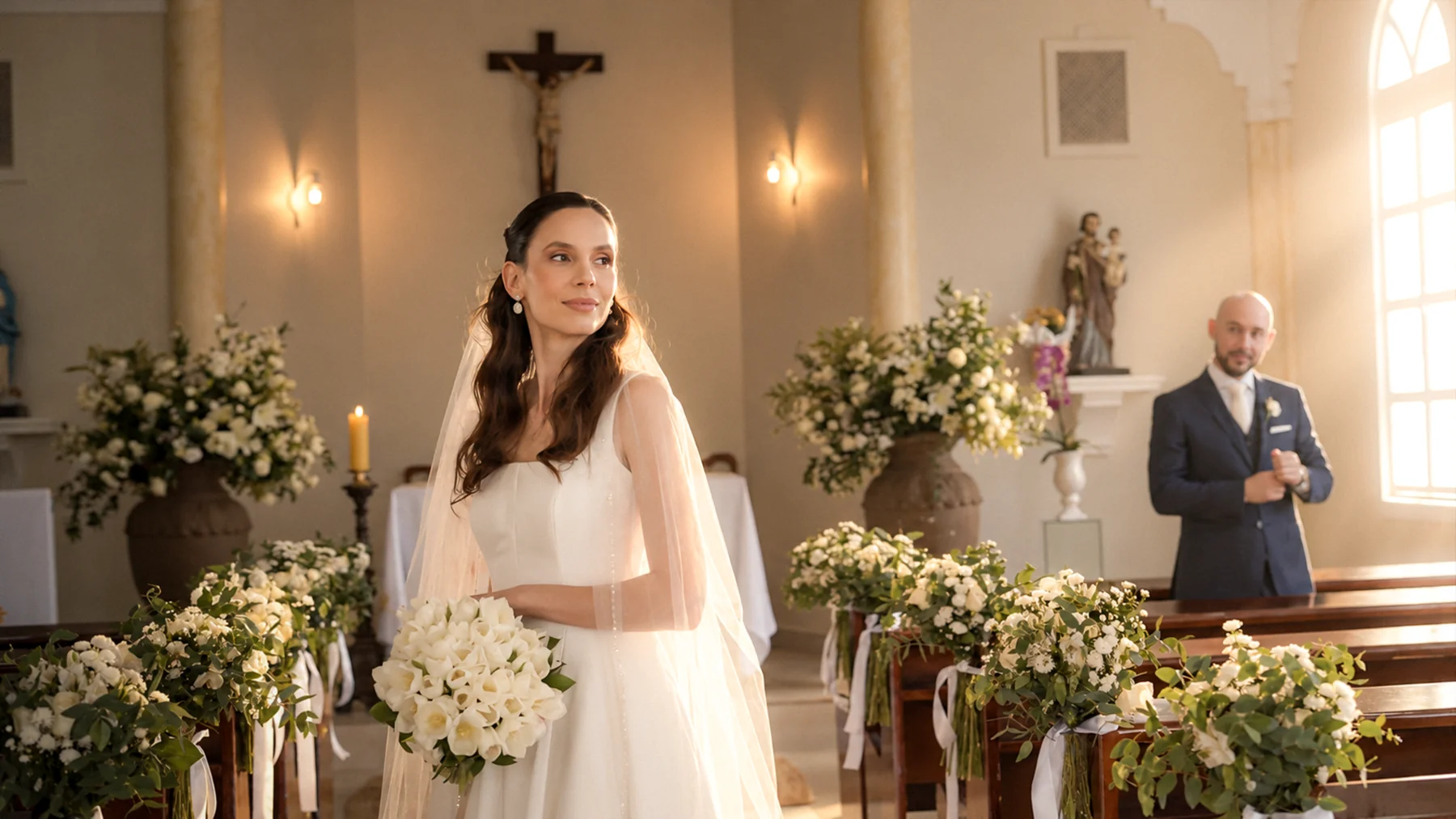 Cerimônia de casamento em igreja com decoração floral