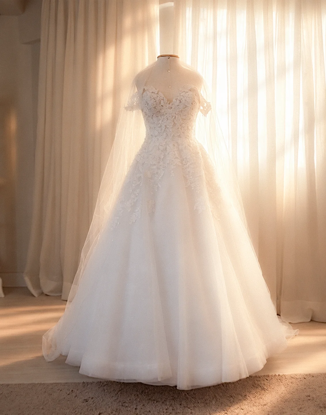 Vestido da noiva iluminado pela janela